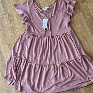 Women’s  Pink Tiered Knit Dress with Tie Neck